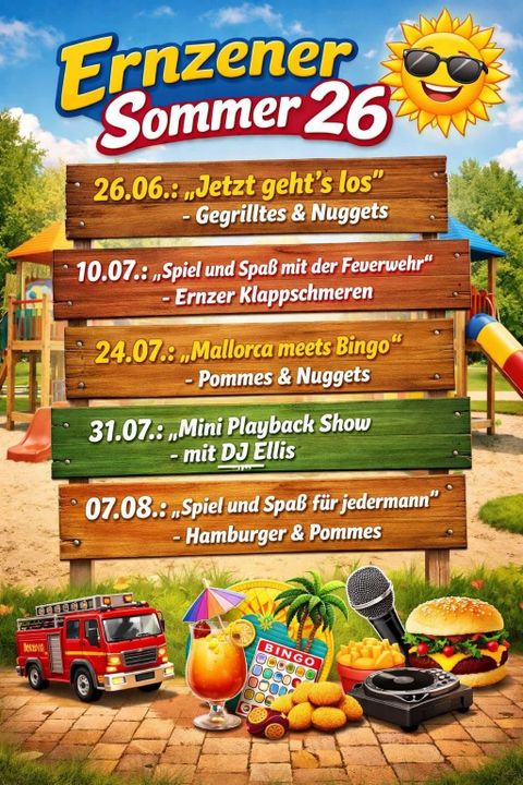 Ein informatives Plakat über den Ernzener Sommer 2025 mit verschiedenen Veranstaltungen und Aktivitäten. Die Veranstaltungen finden an festgelegten Tagen auf dem Spielplatz statt.