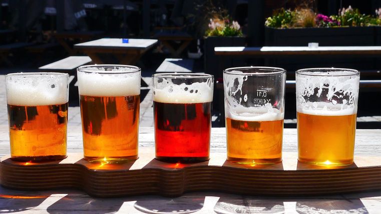 Fünf Biergläser auf einem Holzbrett in einer sonnigen Umgebung. Die Biere variieren in Farbe und Schaum.