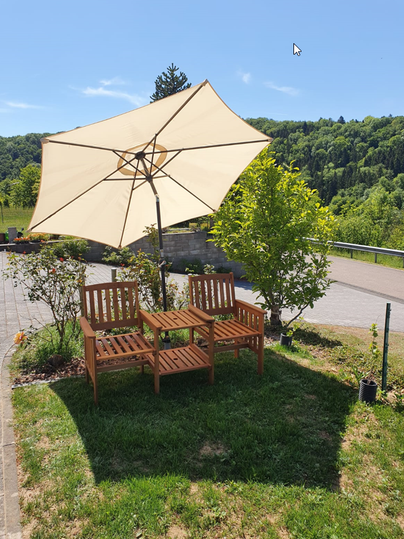 Een gezellige zithoek met houten meubels en een grote parasol. Omringd door groene planten en een heldere blauwe lucht.