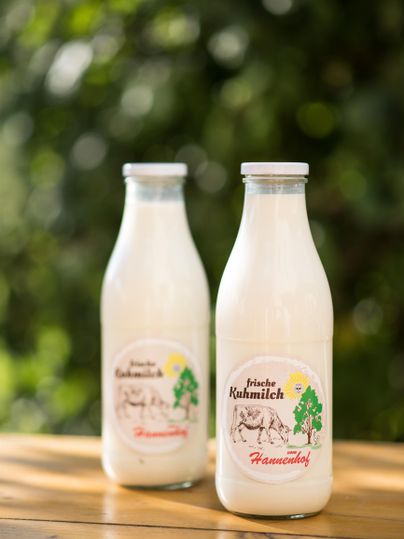 Zwei Flaschen Frischmilch stehen auf einem Tisch. Die Flaschen sind beschriftet und vor einem verschwommenen, grünen Hintergrund platziert.