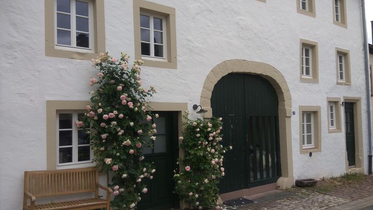 Een charmant wit gebouw met een groene deur en vensters. Roze rozen omlijsten de ingang en een bank staat voor de muur.
