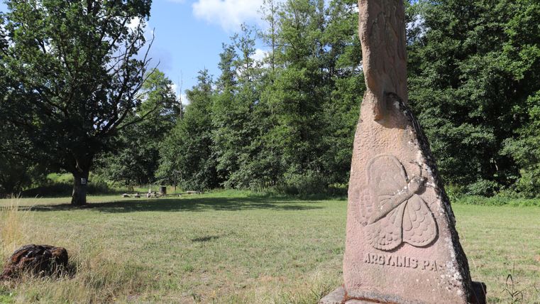 Ein steinerner Obelisk mit einem eingravierten Symbol steht auf einer Wiese. Umgeben von Bäumen und einem klaren Himmel bietet die Szenerie eine ruhige Atmosphäre.