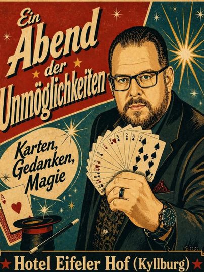 Eine Werbung für eine magische Veranstaltung mit dem Titel „Ein Abend der Unmöglichkeiten“. Ein Mann hält Spielkarten in der Hand und trägt eine Brille, umgeben von magischen Symbolen.