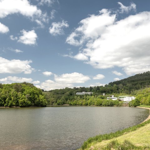 Der Stausee Bitburg mit gr&uuml;nen H&uuml;geln und Geb&auml;uden im Hintergrund, unter einem blauen Himmel mit wei&szlig;en Wolken., &copy; TI Bitburger Land