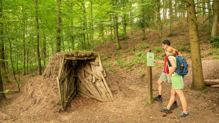 Zwei Wanderer betrachten eine Informationstafel neben einer Köhlerhütte im Wald.