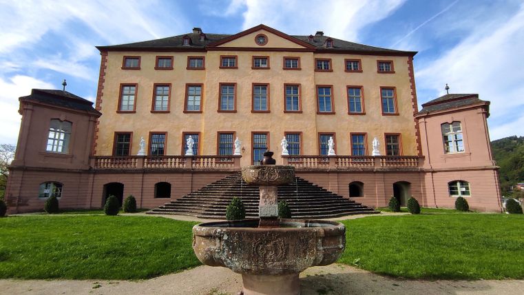 Een indrukwekkend kasteel met een mooie façade en grote ramen. Op de voorgrond staat een fontein, omringd door goed onderhouden gras.