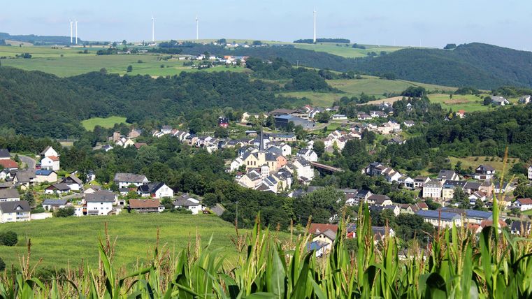 An idyllic landscape with a small village, surrounded by green fields and hills. The sky is clear and sunny.