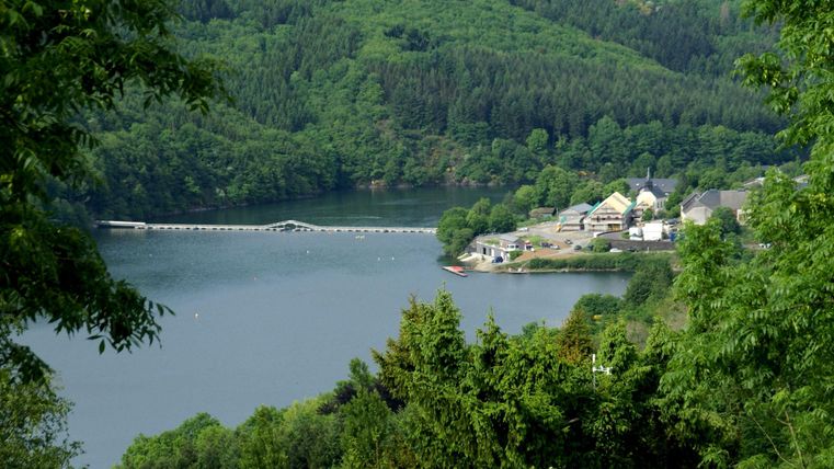 Une belle vue sur un lac clair, entouré de collines vertes et d'arbres. À l'arrière-plan, un village pittoresque est visible sur la rive.