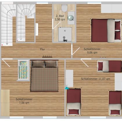 A modern floor plan drawing of an apartment with several bedrooms and a bathroom. The flooring has a wood look and the rooms are clearly arranged.