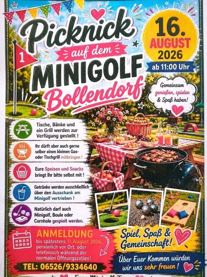 Ein einladendes Picknick-Event in Bollendorf mit Tischen und Sitzgelegenheiten im Freien. Besucher können Snacks und Getränke genießen und einen schönen Tag verbringen.
