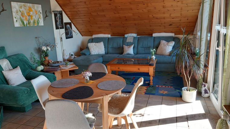 A cozy living space with a blue couch, a wooden table, and a green armchair. Large windows let in plenty of daylight, and there are some plants and decorations.