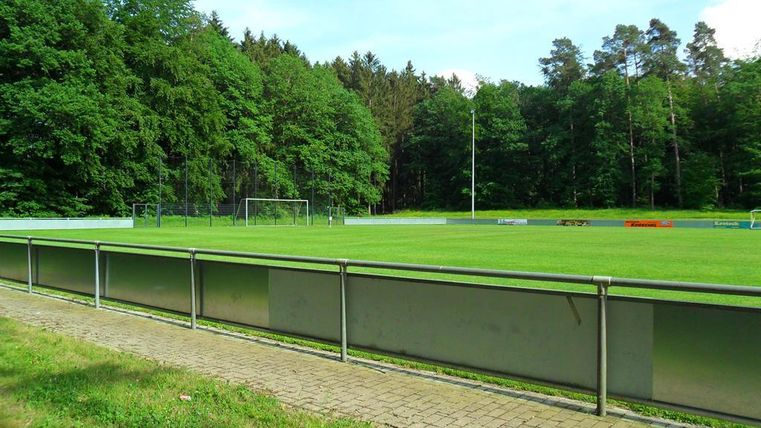 Un terrain de football entouré d'arbres et d'espaces verts. Le terrain est bien entretenu et se trouve dans un environnement calme.