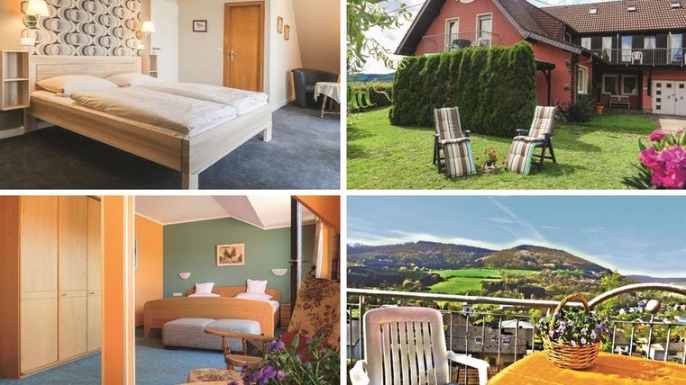 A cozy accommodation with comfortable rooms and a beautiful garden. In the background, the mountains can be seen, creating a relaxing atmosphere.