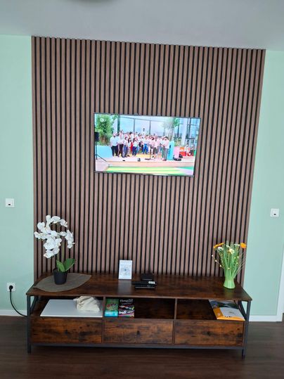 A modern living room with wood paneling and a TV on the wall. Below it is a wooden shelf with plants and various objects.