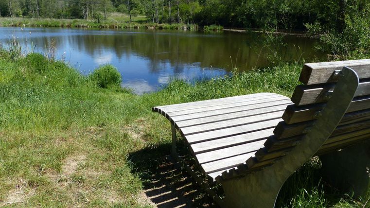 Une banque moderne se dresse au bord d'un étang paisible. En arrière-plan, on peut voir des arbres verts et des collines douces.