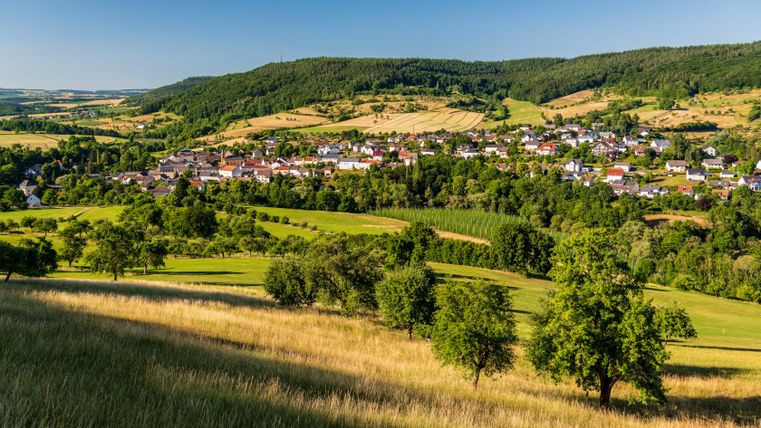 Landschaft im Prümtal mit Hopfenfeldern und Streuobstwiesen bei Holsthum.