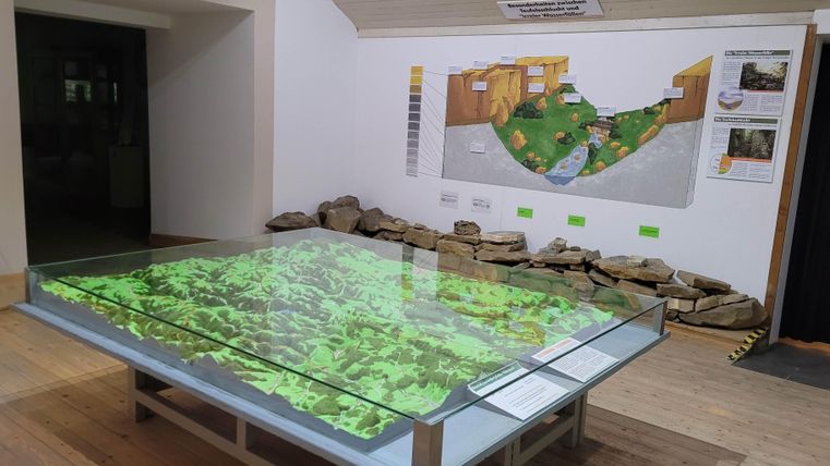 Ein Modell einer Landschaft, das auf einem Tisch präsentiert wird. An der Wand befindet sich eine Informationsgrafik.