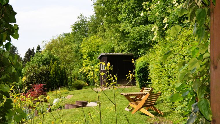 A cozy garden with lush greenery and a simple wooden shed in the background. A wooden chair invites you to relax.