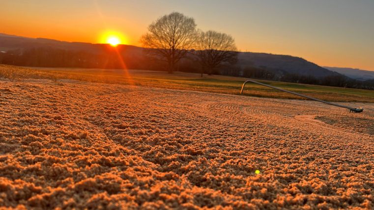 Ein Sonnenuntergang über einer sanften Landschaft. Der Himmel ist orange und die Erde ist von goldenem Licht beleuchtet.