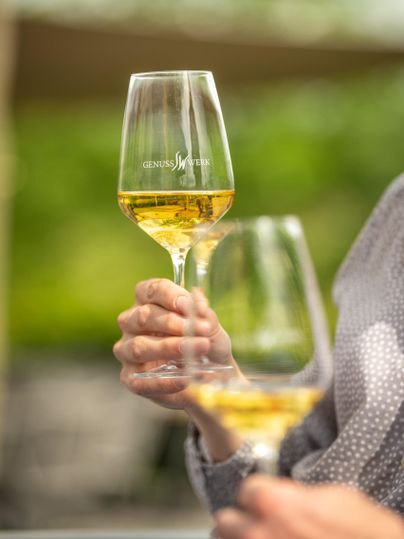 Deux verres à vin contenant un liquide doré sont tenus dans un environnement détendu. En arrière-plan, on aperçoit un jardin vert flou.
