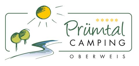 Ein Logo für das Prümtal Camping in Oberweis. Es zeigt eine Sonne, Bäume und einen Fluss.
