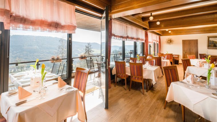 Un restaurant élégant avec des nappes et de belles chaises. De grandes fenêtres offrent une vue sur le paysage environnant.