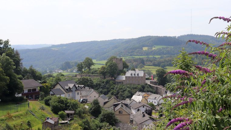 Eine malerische Landschaft mit einem kleinen Dorf und sanften Hügeln im Hintergrund. Das Dorf ist von grünen Wäldern und Blumen umgeben.