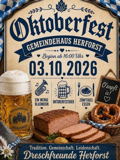 Ein Plakat für das Oktoberfest im Gemeindehaus Herforst. Es zeigt Bier, Brezeln und traditionelle Speisen sowie das Datum und die Uhrzeit der Veranstaltung.