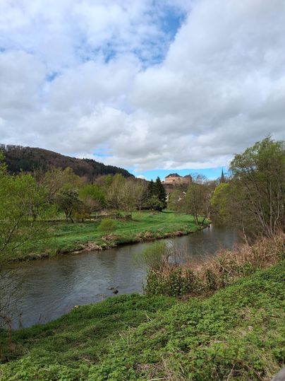 Une rivière calme coule à travers un paysage verdoyant avec des arbres et des prairies. En arrière-plan, un château est visible sur une colline.