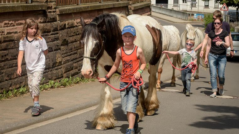 Een kind leidt een paard op de straat, terwijl twee andere kinderen en een vrouw ernaast lopen. De scène speelt zich af op een zonnige dag.