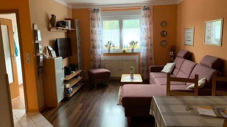 Een gezellige woonkamer met een uitschuifbare bank, een televisie en warme oranje muren. Het raam is versierd met gordijnen en er staan enkele planten op de vensterbank.