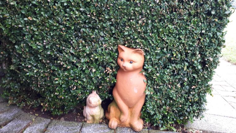 Deux figurines de chats décoratives se tiennent à côté d'une haie. La figurine la plus grande est brune et la plus petite est de couleur claire.