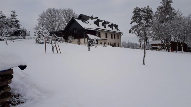 Une belle maison dans un paysage hivernal, entourée de neige. Les arbres sont recouverts d'une couverture blanche, et le ciel est nuageux.