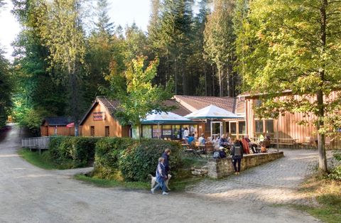 Ein gemütliches Restaurant in einem Waldgebiet mit viel Grün. Besucher sitzen draußen und genießen die Natur.