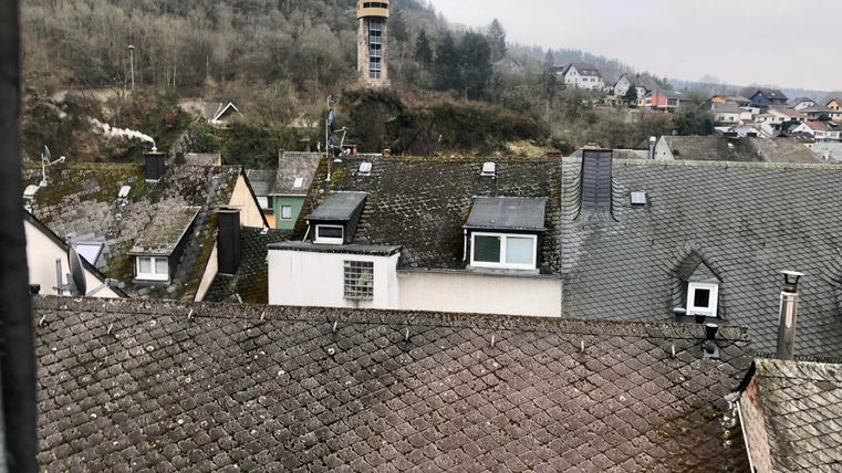 A view of a residential area with rooftops and a lookout tower in the background. The surroundings are filled with trees and hills.