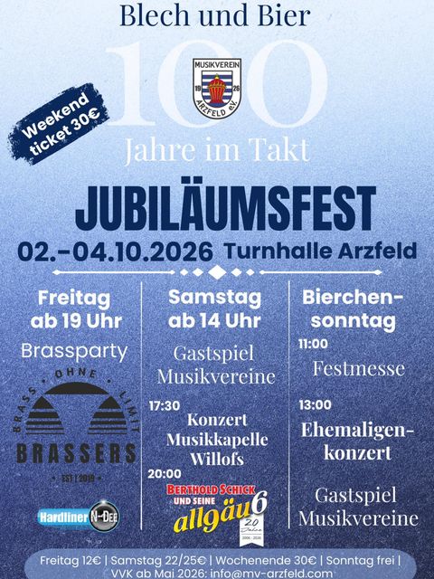 Ein Plakat für ein Jubiläumsfest, das die Feierlichkeiten zum 100-jährigen Bestehen eines Musikvereins ankündigt. Es zeigt Details zu Veranstaltungen und Terminen vom 02. bis 04. Oktober 2026 in der Turnhalle Arzfeld.