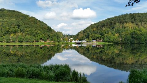 Panorama des Stausee Bitburg mit bewaldeten Hügeln und Spiegelung im Wasser.