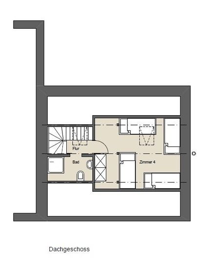 Eine Grundrisszeichnung des Dachgeschosses eines Hauses. Sie zeigt die Anordnung von Zimmern, Flur und Bad.