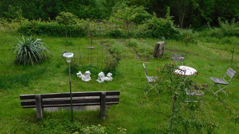 Un jardin vert avec différentes plantes et buissons. Un banc en bois et une table avec des chaises sont visibles au premier plan.