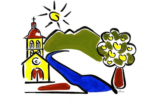 Eine bunte Zeichnung einer Kirche mit einem Fluss und einem Baum. Im Hintergrund sind Berge und eine Sonne zu sehen.