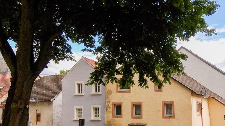 Een rustige stadsplein met kleurrijke huizen en een grote boom op de voorgrond. De gebouwen geven de scène een charmante sfeer.
