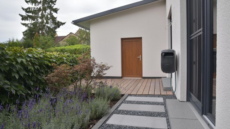 Een moderne entree met een duidelijke loopbaan van stenen en planten. Op de achtergrond staat een huis met een bruine deur en groene beplanting.