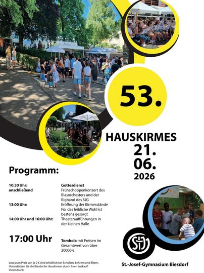 Ein Plakat zur 52. Biesdorfer Hauskirmes am 29. Juni 2025. Es zeigt Informationen zum Programm, einschließlich Gottesdienst und Tombola.