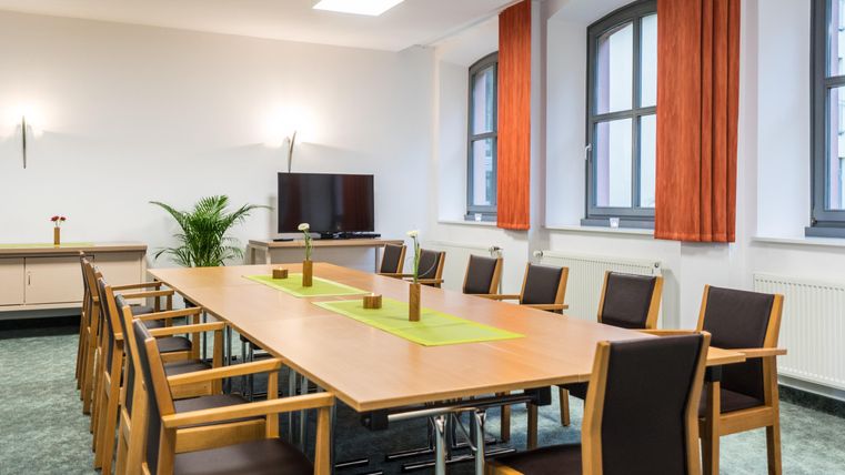 Een moderne vergaderruimte met een lange tafel, houten stoelen en grote ramen. Aan de muur hangt een televisie en enkele planten zorgen voor een aangename sfeer.