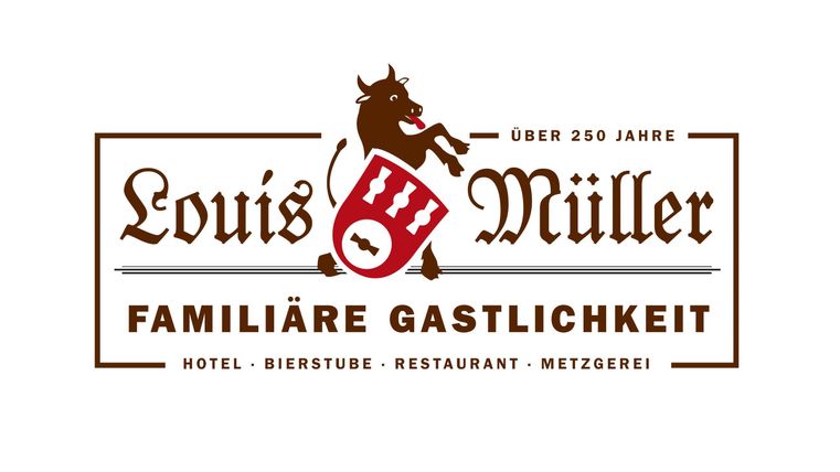 Ein Logo von Louis Müller, das die familiäre Gastlichkeit betont. Es zeigt über 250 Jahre Tradition im Hotel, der Diele und der Metzgerei.