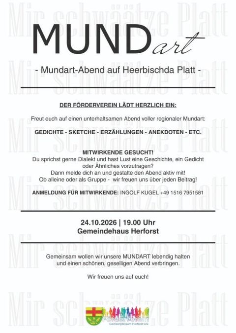 Ein Veranstaltungsplakat für einen Mundart-Abend. Es lädt zur Teilnahme an Gedichten, Sketches und Erzählungen ein.