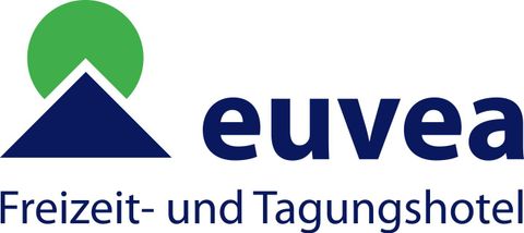 A logo for the leisure and conference hotel euvea. It features a stylized mountain with a green sun above it.