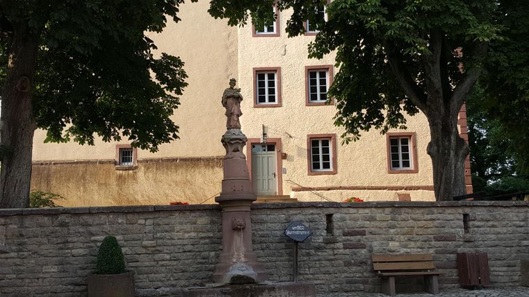 Een historisch gebouw met ramen en een standbeeld op de voorgrond. Omringd door bomen en een muur.