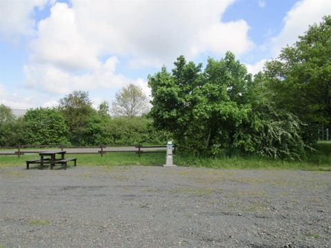 A quiet place with a green meadow and some trees. In the foreground, there is a picnic table on a gravelly ground.