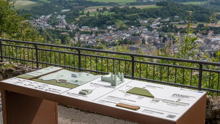 Ein Aussichtstisch mit Informationen und einem Modell in der Natur. Im Hintergrund ist die Landschaft und eine Stadt zu sehen.